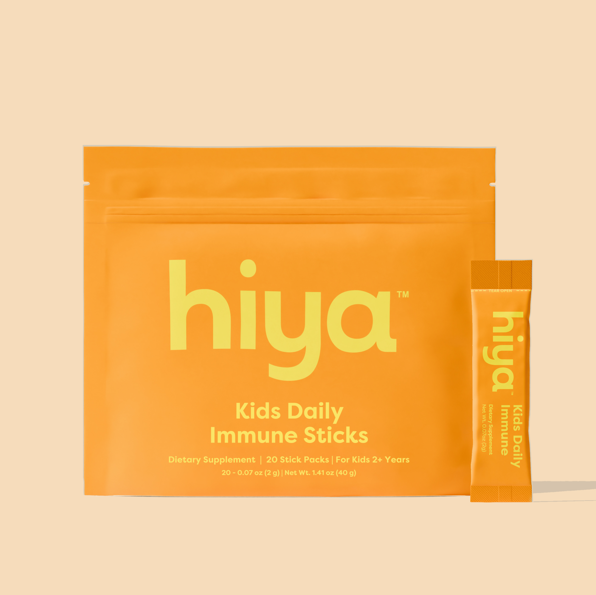 Hiya Kids Daily Immune Sticks dietary supplement for children 2+ years, 20 stick packs in orange pouch