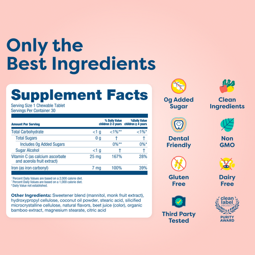 Kids vitamin tablet supplement facts: clean, non-GMO, gluten-free, dairy-free, 0g added sugar, dental friendly