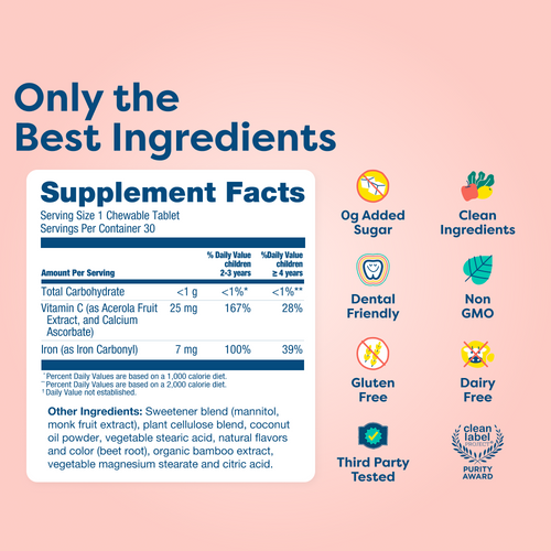 Kids vitamin tablet supplement facts: clean, non-GMO, gluten-free, dairy-free, 0g added sugar, dental friendly