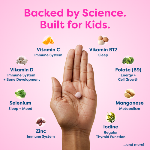 Hand holding kids' vitamin tablet with science-backed nutrients like Vitamin C, D, B12, Zinc for immune, sleep, growth