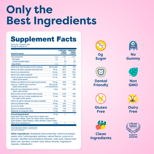 Kids vitamin tablet supplement facts with clean, non-GMO, sugar-free, dairy-free, gluten-free ingredients