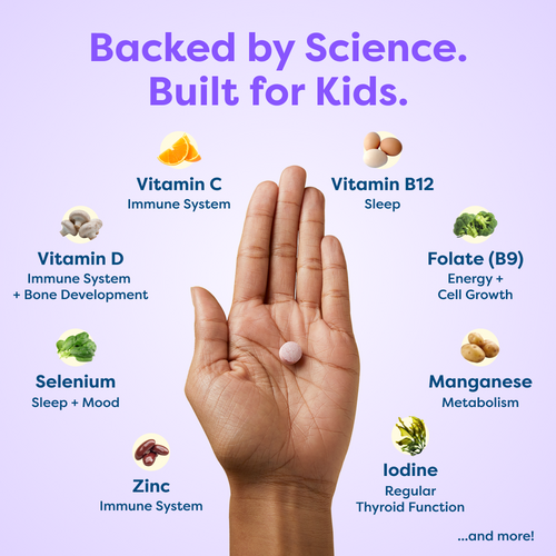 Hand holding kids' vitamin tablet with science-backed nutrients like Vitamin C, D, B12, Zinc for immune, sleep, growth