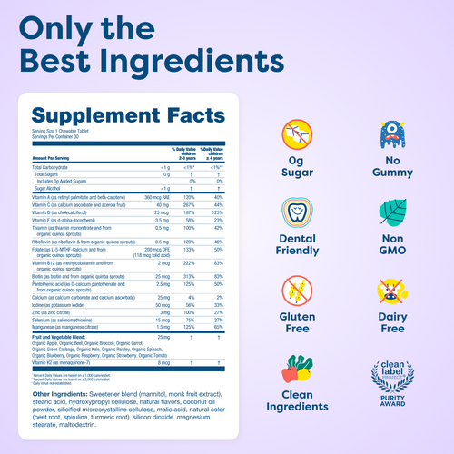 Kids vitamin tablet supplement facts with clean, non-GMO, sugar-free, dairy-free, gluten-free ingredients