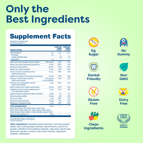 Kids vitamin tablet supplement facts with clean, non-GMO, sugar-free, dairy-free, gluten-free ingredients