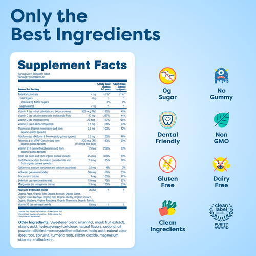 Kids vitamin tablet supplement facts with clean, non-GMO, sugar-free, dairy-free, gluten-free ingredients