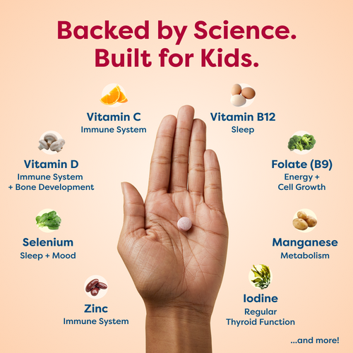 Hand holding kids' vitamin tablet with science-backed nutrients like Vitamin C, D, B12, Zinc for immune, sleep, growth
