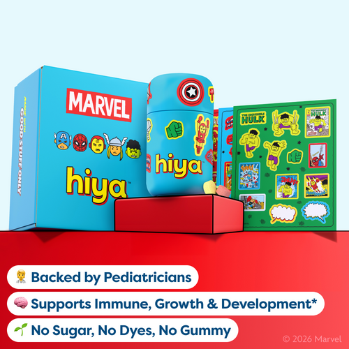 Marvel-themed kids vitamin tablets in blue box with Captain America, Hulk, and Iron Man designs, no sugar or dyes