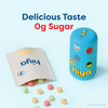Kids daily multivitamin tablets in colorful shapes with superhero-themed storage jar, sugar-free formula