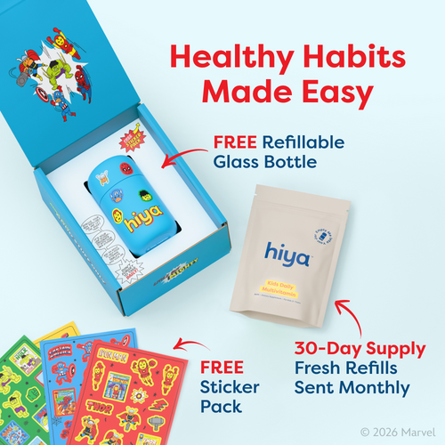 Kids daily multivitamin tablet with free refillable glass bottle and superhero sticker pack for healthy habits