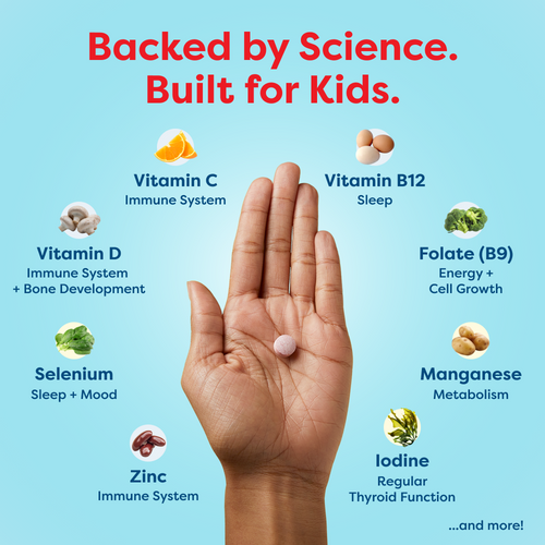 Hand holding kids' vitamin tablet with science-backed nutrients like Vitamin C, D, B12, Zinc for immune, sleep, growth