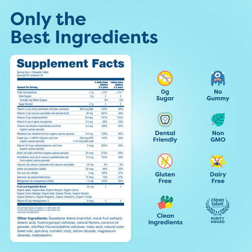 Kids vitamin tablet supplement facts with clean, non-GMO, sugar-free, gluten-free, dairy-free ingredients