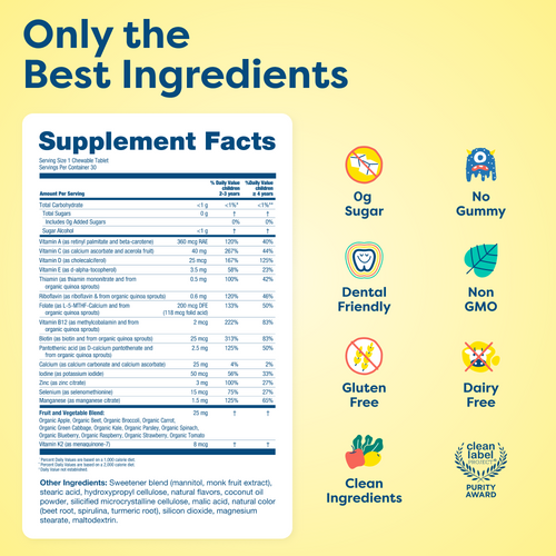 Kids vitamin tablet supplement facts with clean, non-GMO, sugar-free, dairy-free, gluten-free ingredients
