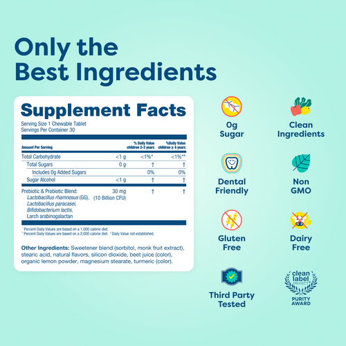 Kids vitamin tablet supplement facts: 0g sugar, clean, non-GMO, gluten-free, dairy-free, dental friendly, NSF certified