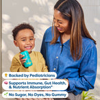 Woman and child holding a blue hiya container with text about pediatrician support, immune health, and product features.