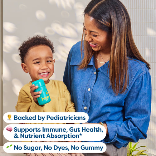 Woman and child holding a blue hiya container with text about pediatrician support, immune health, and product features.