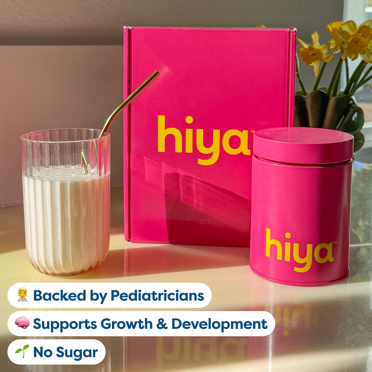 Hiya Kids Daily Growth and Protein canister with pediatrician-backed benefit callouts