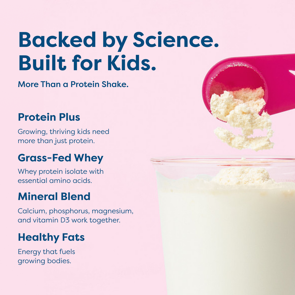 Hiya Kids Daily Growth and Protein ingredient overview with grass-fed whey, minerals, and healthy fats