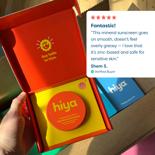 Hiya Kids Mineral Sunscreen SPF 40 in vibrant red box, zinc-based & safe for sensitive skin, with 5-star review