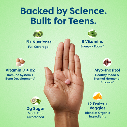 Teen multivitamin with 15+ nutrients, B vitamins, Vitamin D+K2, myo-inositol, zero sugar, 12 fruits & veggies