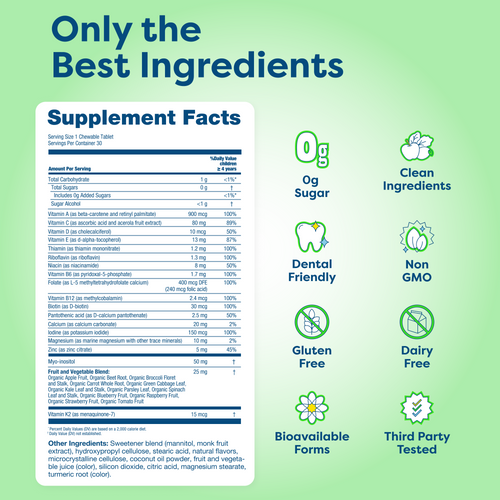 Teen chewable vitamin supplement facts label with zero sugar, non-GMO, gluten-free, dairy-free, and clean ingredients