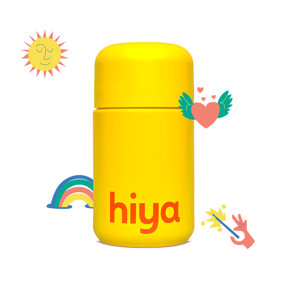 Yellow Hiya vitamin tablet bottle with smiling sun, rainbow, and heart wings illustration